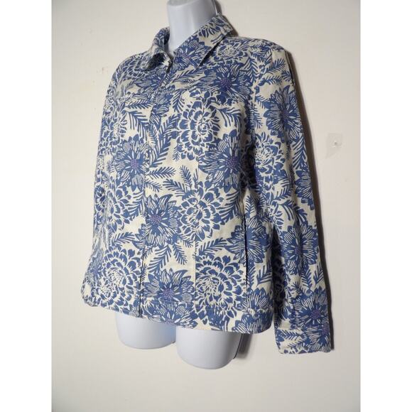 Croft and Barrow Medium Linen Floral Tropical Blue White Jacket Zip Vacay - Picture 3 of 10